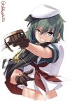  1girl brown_gloves cape ebifurya eyebrows_visible_through_hair eyepatch gloves green_eyes green_hair grin hair_between_eyes hat heterochromia highres holding holding_sword holding_weapon kantai_collection kiso_(kancolle) looking_at_viewer navel red_neckwear remodel_(kantai_collection) school_uniform serafuku short_hair short_sleeves smile solo sword teeth twitter_username upper_body weapon white_background white_headwear 