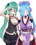  .live 2girls armpits blue_hair blush breasts closed_eyes commentary_request detached_sleeves fingerless_gloves glasses gloves green_eyes green_hair hair_over_one_eye japanese_clothes kagura_suzu_(.live) large_breasts long_hair long_sleeves looking_at_viewer multiple_girls open_mouth sleeveless thighhighs virtual_youtuber yamato_iori 