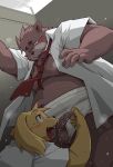  2017 anthro ball_lick balls bathroom belly blush bodily_fluids brown_body brown_fur canid canine canis clothed clothing domestic_dog duo edit erection foreskin foreskin_play foreskin_pull fur genitals humanoid_hands inside kemono licking long_foreskin male mammal necktie open_clothing open_shirt open_topwear oral overweight overweight_male penis sex shirt sweat takagi_kyou tongue tongue_out topwear uncensored uncut underwear ursid 