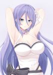  1girl absurdres armpits arms_behind_head arms_up blue_eyes breasts cleavage dress highres large_breasts long_hair looking_at_viewer princess_connect! purple_hair shizuru_(princess_connect!) solo very_long_hair 