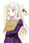  1boy 1girl bag berserker_(fate/zero) blush coat drinking_straw_in_mouth fate/kaleid_liner_prisma_illya fate/stay_night fate_(series) highres illyasviel_von_einzbern kawa_takatoshi long_hair purple_coat red_eyes shopping_bag white_hair 