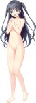  1girl absurdres aqua_eyes bangs barefoot black_hair blush breasts completely_nude eyebrows_visible_through_hair full_body hands_together highres large_breasts long_hair navel nipples no_pussy nude official_art open_mouth photoshop_(medium) solo sumiki_kotoha sweatdrop transparent_background tsurukonnyaku two_side_up umi_to_yuki_no_cyan_blue 