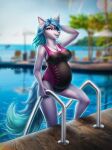  animal_humanoid anthro belly big_belly big_breasts black_outfit breasts butt canid canid_humanoid canine canine_humanoid canis clothing digital_media_(artwork) female fur grey_body grey_fur hair happy hi_res humanoid looking_at_viewer mammal mammal_humanoid markings mononi one-piece_swimsuit outside pink_eyes pink_outfit pool_party poolside pregnant pregnant_female rainbow seaside smile solo standing step_pose swimming_pool swimming_pool_ladder swimwear turquoise_hair turquoise_tail water wet wetness white_body white_fur wolf wolf_humanoid wolf_tail 