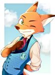  2021 anthro border canid canine clothed clothing disney fox fully_clothed fur green_eyes looking_at_viewer male mammal nick_wilde one_eye_closed orange_body orange_fur red_fox smile solo white_border wink zoonckl zootopia 