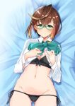  1girl black_bra black_panties blonde_hair blue_neckwear bow bowtie bra brown_hair glasses green-framed_eyewear green_eyes highres kantai_collection komb long_sleeves lying multicolored_hair okinami_(kancolle) on_back panties shirt short_hair side-tie_panties solo underwear white_shirt 