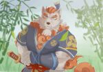  2021 anthro asian_clothing asian_mythology bamboo bamboo_tree blue_eyes chest_tuft clothed clothing colored east_asian_clothing east_asian_mythology elbow_fur eyebrows fingers foo_dog fur hair hi_res humanoid_hands japanese_clothing japanese_mythology katana komainu male mammal melee_weapon muscular muscular_anthro muscular_arms muscular_male mythology orange_beard orange_eyebrows orange_hair orange_tail plant rujiawoof501 sdorica solo sword thick_eyebrows tied_hair topwear toyokuni tree tuft weapon white_body white_fur yōkai 