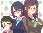  3girls black_hair blazer blue-framed_eyewear blue_eyes blush bow breasts brown_hair cardigan dress_shirt frown glasses green-framed_eyewear green_eyes green_hair hair_ornament hairclip height_difference highres jacket koumei_(twinameless) large_breasts looking_at_viewer multiple_girls neckerchief original red-framed_eyewear school_uniform serafuku shirt smile smirk yellow_eyes 