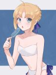  1girl :o ahoge artoria_pendragon_(all) artoria_pendragon_(swimsuit_archer)_(fate) bare_arms blonde_hair blush braid breasts collarbone commentary fate/stay_night fate_(series) food holding looking_at_viewer meloettta navel popsicle small_breasts solo sweatdrop swimsuit 