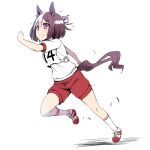  1girl animal_ears bangs bob_cut bow brown_hair commentary_request ear_bow grimace gym_shirt gym_shorts hachimaki headband horse_ears horse_girl horse_tail looking_to_the_side number purple_bow purple_eyes red_footwear running shirt shoes short_hair short_sleeves shorts simple_background single_horizontal_stripe sneakers socks solo special_week_(umamusume) tail tonpuu umamusume white_background white_hair white_headband white_legwear white_shirt 