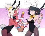  2girls animal_ears aqua_nails basket black_eyes black_hair black_leotard black_nails black_neckwear blush bow bowtie breasts brown_horns bunny_ears bunny_tail cleavage colored_skin cowboy_shot crab detached_collar easter easter_egg egg fake_animal_ears fake_tail hands_up highres holding holding_basket holding_egg horns leotard lucia_(scott_malin) meisha_(scott_malin) multiple_girls original pantyhose playboy_bunny pointy_ears red_skin scott_malin strapless strapless_leotard tail white_hair wrist_cuffs yellow_eyes yellow_neckwear 