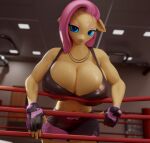  3d_(artwork) anthro anthrofied big_breasts breasts cleavage clothed clothing digital_media_(artwork) equid equine female fighting_ring fluttershy_(mlp) friendship_is_magic hair hi_res huge_breasts mammal moreuselesssource my_little_pony pink_hair solo yellow_body 