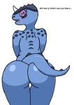  anthro anyu_(tetz) big_butt blue_body blush butt english_text female flat_colors horn looking_at_viewer looking_back nude open_mouth pink_eyes pink_sclera scalie simple_background solo tetz_(artist) text wide_hips 