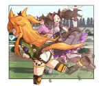  3girls animal_ears ass boots clenched_teeth dirt from_yaneura gloves highres horse_ears horse_girl horse_tail jacket long_hair looking_at_another marvelous_sunday_(umamusume) mayano_top_gun_(umamusume) multiple_girls open_mouth orange_hair racetrack running surprised tail teeth umamusume yellow_eyes 
