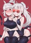  2girls absurdres bangs bare_shoulders black_swimsuit blush breasts collarbone demon_girl demon_horns demon_tail flirting glasses goggles hair_ornament hairband helltaker highres horns huge_filesize large_breasts long_hair looking_at_another looking_to_the_side loremaster_(helltaker) lucifer_(helltaker) mole mole_under_eye moto_toshi multiple_girls ponytail red-tinted_eyewear red_background red_eyes short_hair smile sunglasses sweat sweatdrop swimsuit tagme tail thighhighs thighs tied_hair tinted_eyewear visor white_hair yuri 
