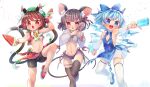  3girls :3 :d animal_ear_fluff animal_ears bell black_legwear blue_eyes blue_hair blush breasts brown_eyes brown_hair cat_ears cat_tail chen cirno fang flat_chest food gold_trim grey_hair hat highres ibaraki_natou jingle_bell mob_cap mouse_ears mouse_tail multiple_girls multiple_tails navel nazrin nekomata open_mouth popsicle red_eyes shorts smile standing standing_on_one_leg tail thighhighs touhou two_tails underboob v-shaped_eyebrows white_legwear 