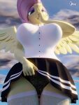  3d_(artwork) anthro anthrofied barely_visible_genitalia barely_visible_pussy big_breasts bottomwear breasts clothed clothing clothing_lift digital_media_(artwork) equid equine female fluttershy_(mlp) friendship_is_magic genitals hair hasbro hi_res mammal my_little_pony panties pink_hair pussy quicktimepony skirt skirt_lift underwear yellow_body 