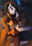  2021 5_fingers acoustic_guitar anthro black_hair blue_eyes blurred_background canid canine digital_media_(artwork) fingers guitar hair kammi-lu male mammal musical_instrument playing_music plucked_string_instrument smile solo string_instrument 