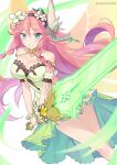 1girl artist_name bangs bare_shoulders blue_eyes blush breasts cleavage collarbone dragalia_lost dress eyebrows_visible_through_hair flower hair_flower hair_ornament hair_ribbon highres holding holding_sword holding_weapon long_hair notte_(dragalia_lost) pink_hair pleated_dress pout pouty_lips ragnaveldt ribbon solo strapless strapless_dress sword twitter_username very_long_hair weapon 