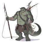  2021 abs amber_eyes anthro bandage biceps bottomwear claws clothed clothing crocodile crocodilian crocodylid digital_media_(artwork) disiwjd finger_claws fishing_rod harpoon hi_res holding_object holding_weapon male melee_weapon muscular muscular_anthro muscular_male nipples pecs polearm quads reptile scalie scar simple_background solo spear toe_claws topless triceps vein veiny_muscles weapon white_background 
