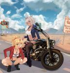  2girls absurdres animal_ears bangs blonde_hair blue_eyes body_markings braid breasts caenis_(fate) cleavage dark-skinned_female dark_skin fate/apocrypha fate/grand_order fate_(series) french_braid green_eyes ground_vehicle hair_ornament hair_scrunchie highres large_breasts long_hair long_sleeves looking_at_viewer mordred_(fate) mordred_(fate)_(all) motor_vehicle motorcycle multiple_girls parted_bangs ponytail quatthro scrunchie sidelocks small_breasts smile white_hair 