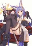  black_footwear blue_hair boots breasts cover cover_page crossed_legs dress erune gloves granblue_fantasy highres holding holding_staff holding_weapon keepvalley knees_up legs medium_breasts purple_eyes short_dress staff thighhighs thighs tikoh weapon white_gloves zettai_ryouiki 
