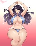  1girl agawa_ryou armpits belly bikini black_hair blue_bikini breasts brown_eyes commentary commission english_commentary gradient gradient_background huge_breasts long_hair looking_at_viewer navel original parted_lips red_background signature skindentation solo swimsuit wide_hips 