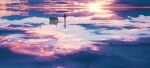  1girl cloud cloudy_sky day facing_away ground_vehicle highres horizon lifeline_(a384079959) motor_vehicle motorcycle multicolored multicolored_sky ocean original outdoors reflection scenery sky solo standing sun very_wide_shot water 