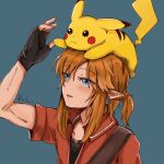  2018 absurd_res ambiguous_gender blue_eyes blush clothing crossover duo ear_piercing ear_ring elf fingerless_gloves fingers gloves hair handwear hi_res humanoid humanoid_pointy_ears hylian larger_male link long_hair male nintendo open_mouth piercing pikachu pok&eacute;mon pok&eacute;mon_(species) ponytail signature simple_background size_difference smaller_ambiguous smile the_legend_of_zelda video_games wengmengdi yellow_body 