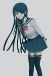  1girl arms_behind_back bangs blue_eyes blue_hair blue_skirt bow closed_mouth danganronpa:_trigger_happy_havoc danganronpa_(series) e_o_(e_o_e_o) feet_out_of_frame flat_color grey_background hair_ornament hairclip highres holding knife leaning_forward long_hair long_sleeves looking_at_viewer maizono_sayaka miniskirt sailor_collar school_uniform serafuku simple_background skirt smile solo standing thighhighs zettai_ryouiki 