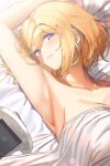  1girl absurdres aki_rosenthal arm_up armpits bangs blonde_hair blush bob_cut breasts collarbone electriccross eyebrows_visible_through_hair hair_ornament highres hololive large_breasts looking_at_viewer lying on_back on_bed parted_bangs purple_eyes short_hair smile solo teeth virtual_youtuber 