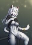  2021 5_fingers ahoge anthro areola belly big_breasts black_clothing black_shirt black_topwear blue_eyes blush breasts chest_tuft clothed clothing clothing_lift ear_tuft felid female fingers fur green_eyes hair healingpit heterochromia hi_res kemono long_hair looking_at_viewer mammal navel neck_tuft nipple_outline pantherine ring shirt shirt_lift snout snow_leopard solo standing stripes topwear tuft under_boob white_body white_fur white_hair 