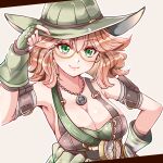  1041_(toshikazu) 1girl arm_strap bangs breasts brown_hair cleavage eyebrows_visible_through_hair fingerless_gloves glasses gloves green_eyes green_gloves green_headwear hat head_tilt holding holding_clothes holding_hat jewelry large_breasts looking_at_viewer medium_hair necklace sakura_kakumei sakura_taisen smile solo toyotama_kogane 