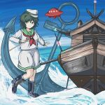  1girl absurdres anchor blue_sky boots cross-laced_footwear day galm_x_lmr_(ryonasa) green_eyes green_hair hat highres hishaku lace-up_boots long_sleeves looking_at_viewer murasa_minamitsu ocean palanquin_ship peaked_cap red_neckwear sailor_collar sailor_hat sailor_shirt ship shirt short_hair shorts sky smile solo touhou ufo water watercraft waves white_shirt white_shorts 