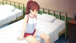  1girl bandaged_leg bandages bangs bed blunt_bangs brown_eyes brown_hair closed_mouth collarbone dolphin_shorts doukyuusei eyebrows_visible_through_hair game_cg gym_uniform hair_ribbon high_ponytail highres infirmary long_hair official_art red_ribbon red_shorts ribbon shiny shiny_hair shirt short_shorts shorts sitting sleeveless sleeveless_shirt smile solo sumeragi_kohaku tanaka_misa very_long_hair white_shirt 