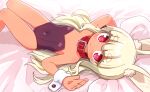  1girl animal_ear_fluff animal_ears bangs bare_shoulders bed_sheet blonde_hair blush breasts bunny_ears closed_mouth collar commentary_request covered_navel eyebrows_visible_through_hair feet_out_of_frame heart heart-shaped_pupils highres knees_together_feet_apart leotard long_hair lying masurao_(sekaiju) naga_u on_back pillow pink_eyes purple_leotard red_collar sekaiju_no_meikyuu sekaiju_no_meikyuu_5 short_eyebrows small_breasts smile solo strapless strapless_leotard symbol-shaped_pupils tan thick_eyebrows thigh_gap very_long_hair wrist_cuffs 