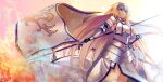  1girl absurdres armor armored_dress blonde_hair blue_eyes breasts chain fate/apocrypha fate/grand_order fate_(series) fire flag flame headpiece highres holding holding_flag holding_sword holding_weapon huge_filesize jeanne_d&#039;arc_(fate) jeanne_d&#039;arc_(fate)_(all) long_hair solo sword t_bone_(06tbone) thighhighs very_long_hair weapon 