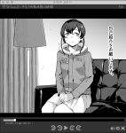  1girl bangs banned_artist blush braid closed_mouth clothes_writing couch curtains greyscale indoors kantai_collection lamp long_hair long_sleeves makio_(makiomeigenbot) media_player monochrome single_braid sitting skirt solo souya_(kancolle) sweat translation_request 
