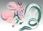  amethystdust anthro asian_mythology bodypaint breasts butt claws dragon duo east_asian_mythology eastern_dragon featureless_breasts feet female green_hair hair horn long_tail lying mythology nude on_front pink_body pink_hair pink_scales scales scalie smile stripes toe_claws toes whiskers white_body white_scales 
