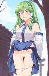  1girl bangs bare_shoulders blue_eyes blue_skirt blue_sky blush breasts censored clothes_lift cloud commentary_request constricted_pupils cowboy_shot day detached_sleeves frog_hair_ornament green_hair groin hair_ornament hair_tubes highres kochiya_sanae lifted_by_self long_hair long_sleeves looking_at_viewer medium_breasts miyo_(ranthath) mosaic_censoring open_mouth outdoors panties panty_pull pussy shirt sidelocks skirt skirt_lift sky snake_hair_ornament solo standing sweat thigh_gap thighs touhou tree underwear viewfinder white_panties white_shirt wide_sleeves 