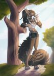  4_toes 5_fingers absurd_res anthro black_hair breasts canid canine clothed clothing day deeless detailed_background digital_media_(artwork) feet female fingers grass hair hi_res mammal outside plant sky standing toes tree 