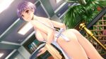  1girl apron ass bangs breasts brown_eyes closed_mouth doukyuusei dutch_angle game_cg highres holding holding_plate indoors kurokawa_satomi large_breasts leaning_forward naked_apron nipples official_art plate shiny shiny_hair short_hair silver_hair smile solo standing sumeragi_kohaku white_apron 