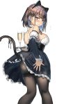  1girl alcohol animal_ears ass bell blue_hair breasts brown_eyes brown_legwear cat_ears cat_tail champagne champagne_flute cleavage cup detached_sleeves drinking_glass fake_animal_ears fake_tail from_behind highres holding holding_plate looking_at_viewer looking_back maid medium_breasts original pantyhose plate ranf short_hair sideboob solo standing tail tail_bell tail_ornament 