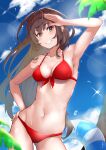 1girl absurdres ahoge akitoh-shino bikini blue_eyes blue_sky breasts brown_hair cloud commentary_request contrapposto cowboy_shot day front-tie_top grin groin hand_on_hip highres huge_filesize innertube long_hair looking_at_viewer lowleg lowleg_bikini mole mole_on_breast mole_under_mouth original outdoors palm_tree red_bikini salute sky smile solo standing swimsuit tree 