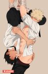  2boys arms_up artist_name ass_grab bakugou_katsuki bangs black_hair black_pants blonde_hair blush boku_no_hero_academia bound clothes_pull fellatio hanging highres looking_at_another male_focus male_pubic_hair multiple_boys navel nipples one_eye_closed open_clothes open_shirt oral pants pants_pull patreon_username penis pubic_hair riffraffhellyea saliva sero_hanta shirt short_hair simple_background symbol_commentary toned toned_male underwear upside-down white_shirt yaoi 