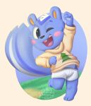  animal_crossing anthro blush clothed clothing filbert fur furry grass grey_eyes grey_sclera hi_res mammal markings markings_(fur) new_horizons nintendo open_mouth paws plant purple_body purple_fur rodent sciurid simple_background smile solo unboxyguy video_games watermark 