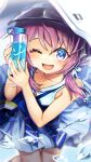  1girl arknights bangs blue_eyes bottle collarbone dress eyebrows_visible_through_hair hat highres holding holding_bottle long_hair looking_at_viewer mitake_eil one_eye_closed open_mouth purestream_(arknights) purple_hair smile solo water_bottle white_dress 