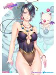  1girl adapted_costume black_hair bracelet breasts cleavage final_fantasy final_fantasy_x h-mune hair_bun hair_ornament hair_stick highleg highleg_swimsuit jewelry looking_at_viewer lulu_(ff10) moogle necklace one-piece_swimsuit smile strapless strapless_swimsuit swimsuit thighs 