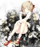  1girl bare_legs closed_mouth crossed_arms flower gorilla_(bun0615) grey_background hair_ribbon highres long_sleeves mary_janes one_eye_closed red_eyes red_footwear red_neckwear red_ribbon ribbon rumia shoes short_hair smile socks touhou tress_ribbon white_legwear 