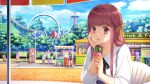  1girl amusement_park bangs black_ribbon braid brown_eyes brown_hair day doukyuusei eyebrows_visible_through_hair food french_braid game_cg hair_ribbon head_rest highres holding holding_food ice_cream long_hair long_sleeves looking_at_viewer neck_ribbon official_art open_mouth outdoors ribbon sakuragi_mai shiny shiny_hair shirt sitting solo_focus sumeragi_kohaku white_shirt yellow_ribbon 