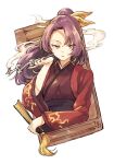  1girl bangs breasts eyebrows_visible_through_hair fan hair_between_eyes hair_ribbon hand_up hisona_(suaritesumi) holding holding_fan japanese_clothes kimono komakusa_sannyo long_sleeves looking_at_viewer medium_breasts open_mouth ponytail purple_hair red_eyes red_kimono red_sleeves ribbon simple_background solo touhou unconnected_marketeers white_background yellow_ribbon 